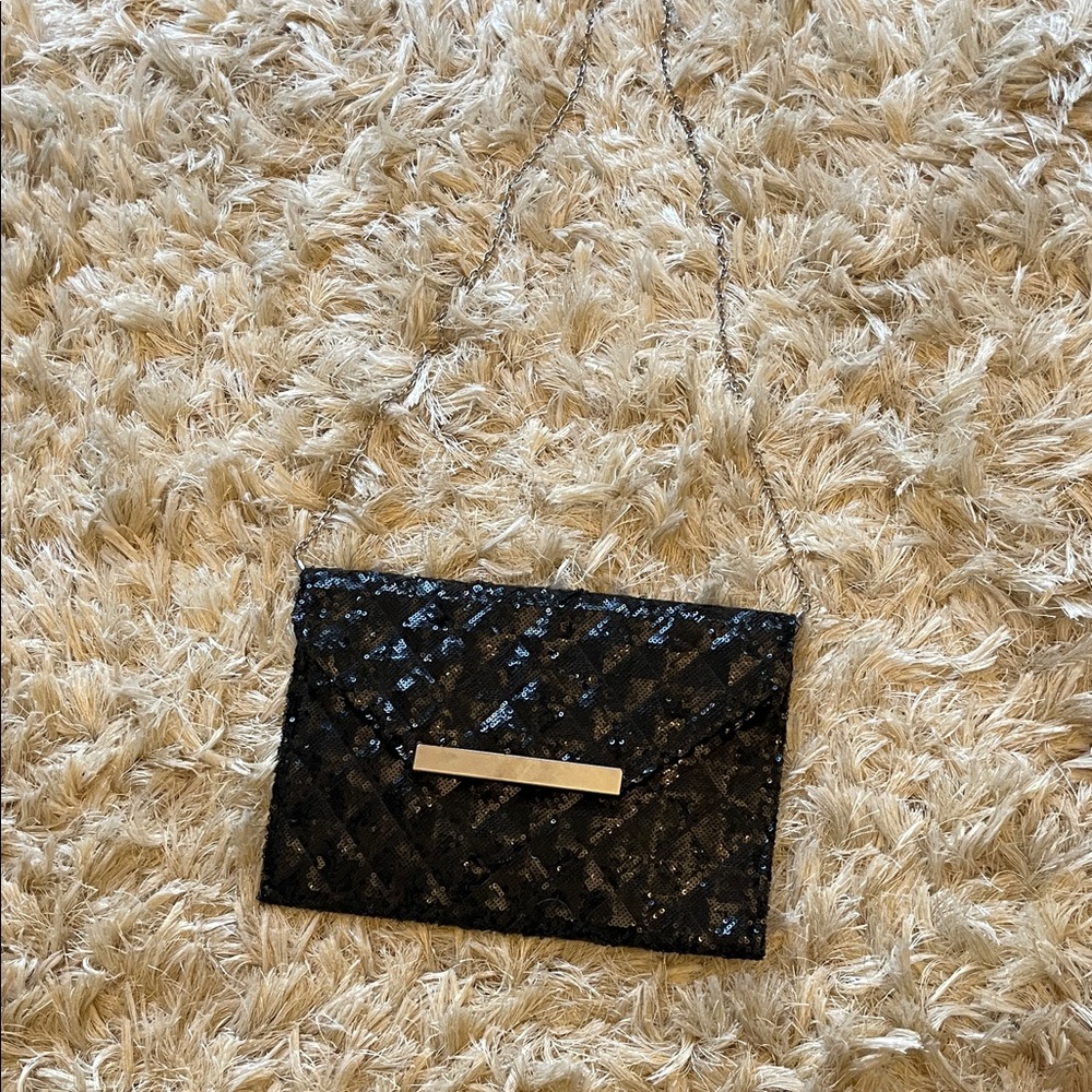 Dynamite Black Sequin Clutch with Silver Chain